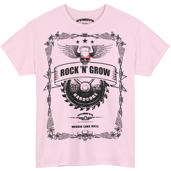 A pink Gymstar tee with a black graphic that reads ''Rock And Grow'',  barbell and logo, presumably bodybulding or fitness. 