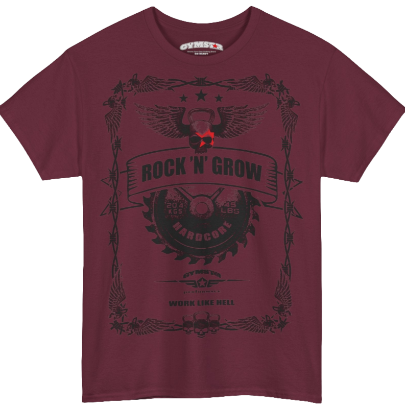 A rubin Gymstar tee with a black graphic that reads  'Rock And Grow',  barbell and logo, presumably bodybulding or fitness. 