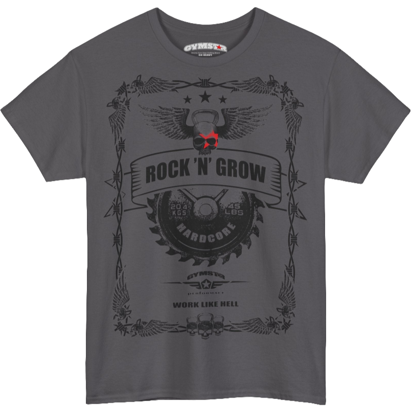 A ssport grey  Gymstar tee with a black graphic that reads ''Rock And Grow'',  barbell and logo, presumably bodybulding or fitness. 
