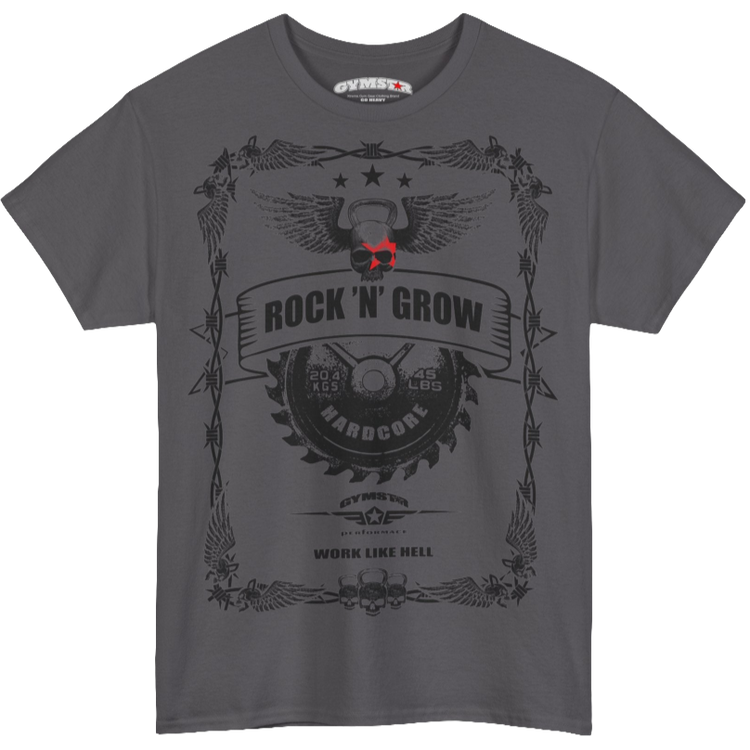 A ssport grey  Gymstar tee with a black graphic that reads ''Rock And Grow'',  barbell and logo, presumably bodybulding or fitness. 