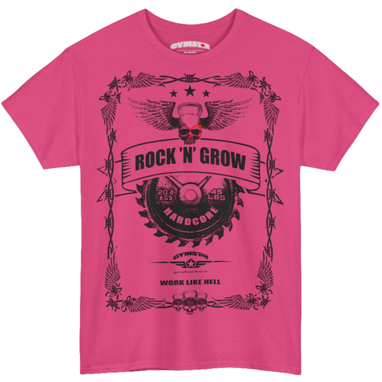 A purple  Gymstar tee with a black graphic that reads 'Rock And Grow',  barbell and logo, presumably bodybulding or fitness. 
