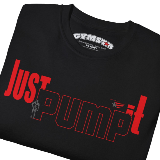 Black fitness t-shirt from Gymstar, designed for serious lifters. The chest is adorned with a large, bright red print that includes the "Just Pump it" text and a bodybuilder silhouette, emphasizing the theme of bodybuilding and muscle building. It's the perfect t-shirt for motivation in the gym. Close up view.