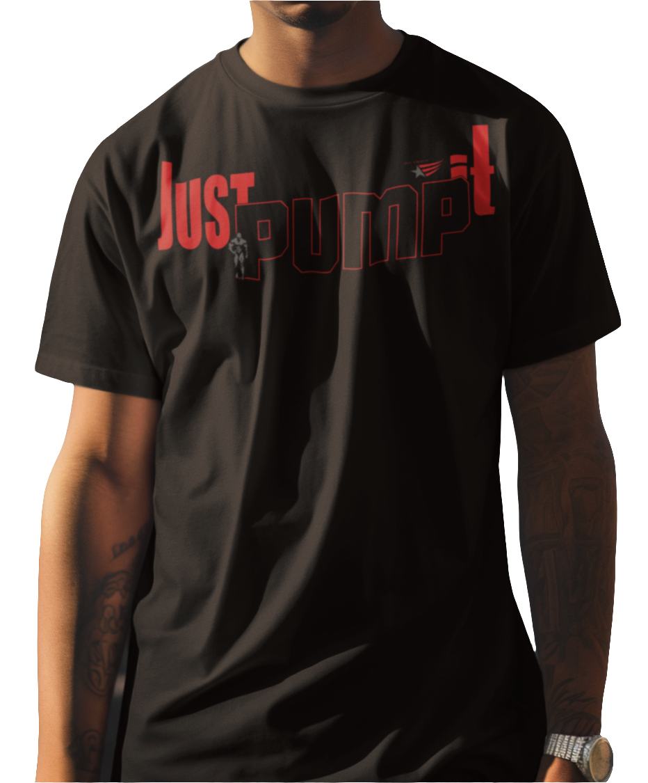 A person wearing a black graphic t-shirt with the text 'JUST PUMP' in red and white on the front.