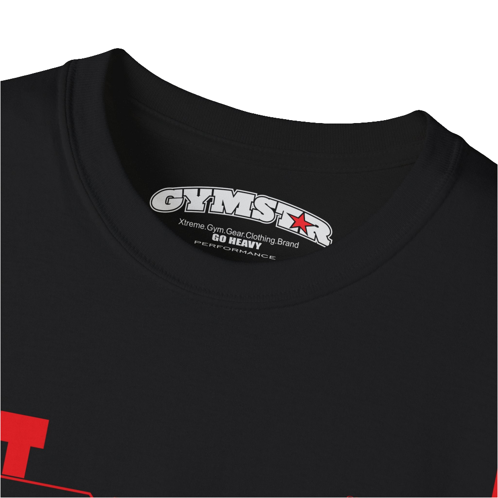 Black fitness t-shirt from Gymstar, designed for serious lifters. The chest is adorned with a large, bright red print that includes the "Just Pump it" text and a bodybuilder silhouette, emphasizing the theme of bodybuilding and muscle building. It's the perfect t-shirt for motivation in the gym. LogoClose up view.