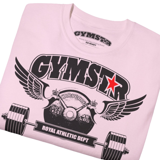 A  pink sports t-shirt from Gymstar, designed for athletes. The chest features a detailed print combining elements like a barbell, spread wings, a subtle red star, and "GYMSTAR" and "ROYAL ATHLETIC DEPT" text. The design is strong and motivational, perfect for heavy workouts. Close up view.
