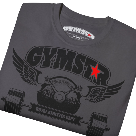 A  sport grey sports t-shirt from Gymstar, designed for athletes. The chest features a detailed print combining elements like a barbell, spread wings, a subtle red star, and "GYMSTAR" and "ROYAL ATHLETIC DEPT" text. The design is strong and motivational, perfect for heavy workouts. Close up view.