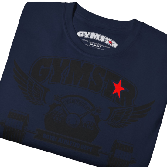A  navy blue sports t-shirt from Gymstar, designed for athletes. The chest features a detailed print combining elements like a barbell, spread wings, a subtle red star, and "GYMSTAR" and "ROYAL ATHLETIC DEPT" text. The design is strong and motivational, perfect for heavy workouts. Close up view.