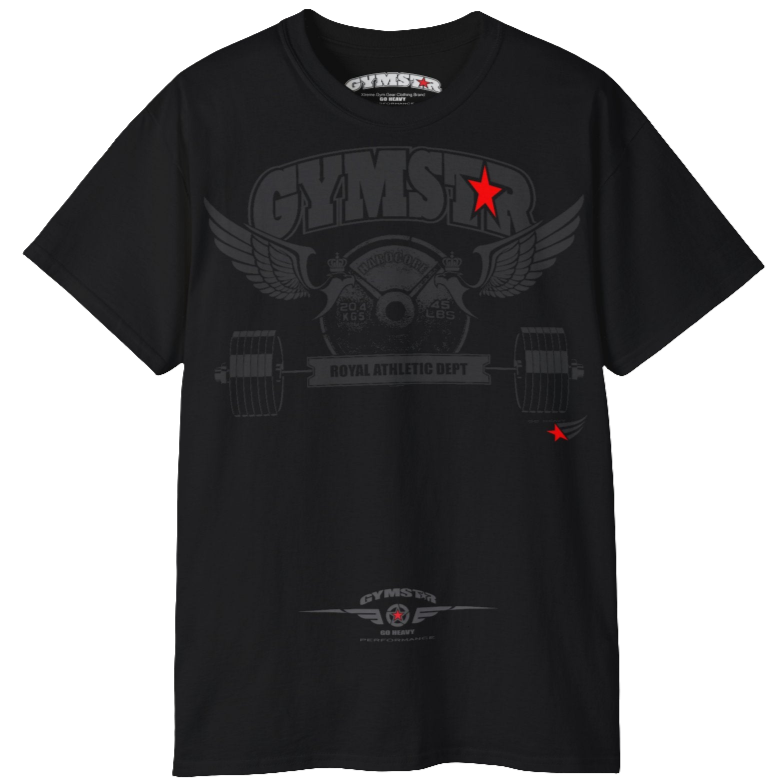  Black sports t-shirt from Gymstar, designed for athletes. The chest features a detailed print combining elements like a barbell, spread wings, a subtle red star, and "GYMSTAR" and "ROYAL ATHLETIC DEPT" text. The design is strong and motivational, perfect for heavy workouts.