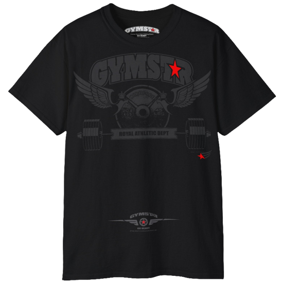  Black sports t-shirt from Gymstar, designed for athletes. The chest features a detailed print combining elements like a barbell, spread wings, a subtle red star, and "GYMSTAR" and "ROYAL ATHLETIC DEPT" text. The design is strong and motivational, perfect for heavy workouts.