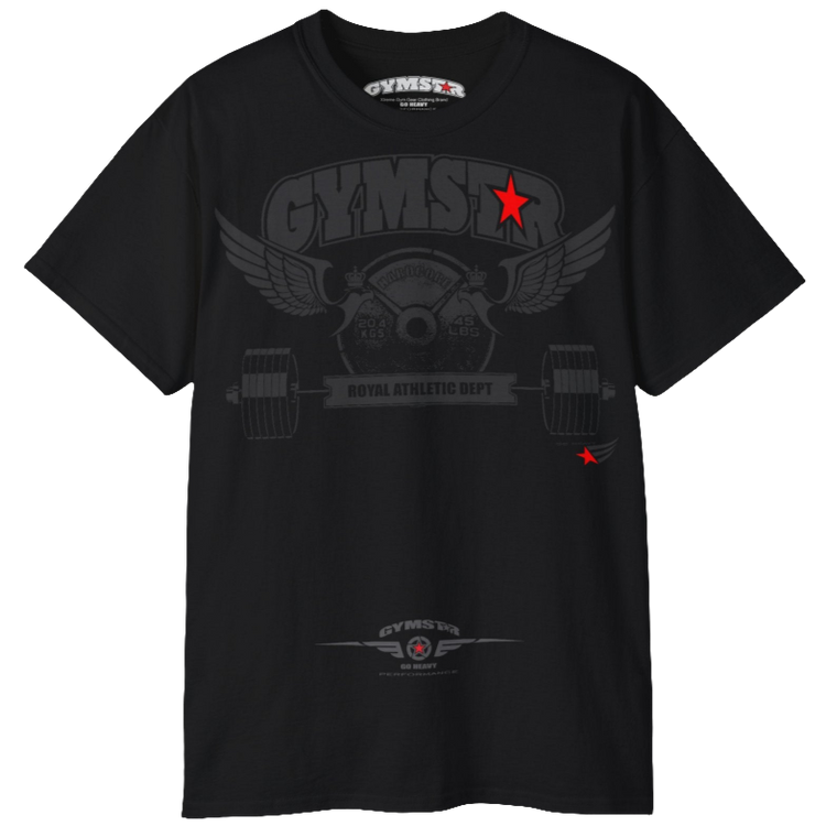  Black sports t-shirt from Gymstar, designed for athletes. The chest features a detailed print combining elements like a barbell, spread wings, a subtle red star, and "GYMSTAR" and "ROYAL ATHLETIC DEPT" text. The design is strong and motivational, perfect for heavy workouts.