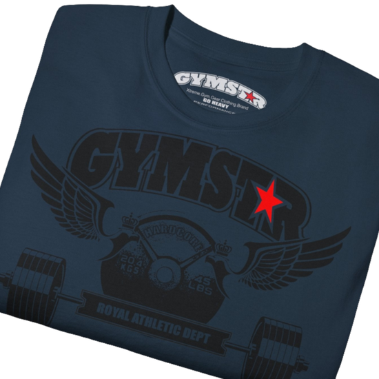 A  navy blue sports t-shirt from Gymstar, designed for athletes. The chest features a detailed print combining elements like a barbell, spread wings, a subtle red star, and "GYMSTAR" and "ROYAL ATHLETIC DEPT" text. The design is strong and motivational, perfect for heavy workouts. Close up view.
