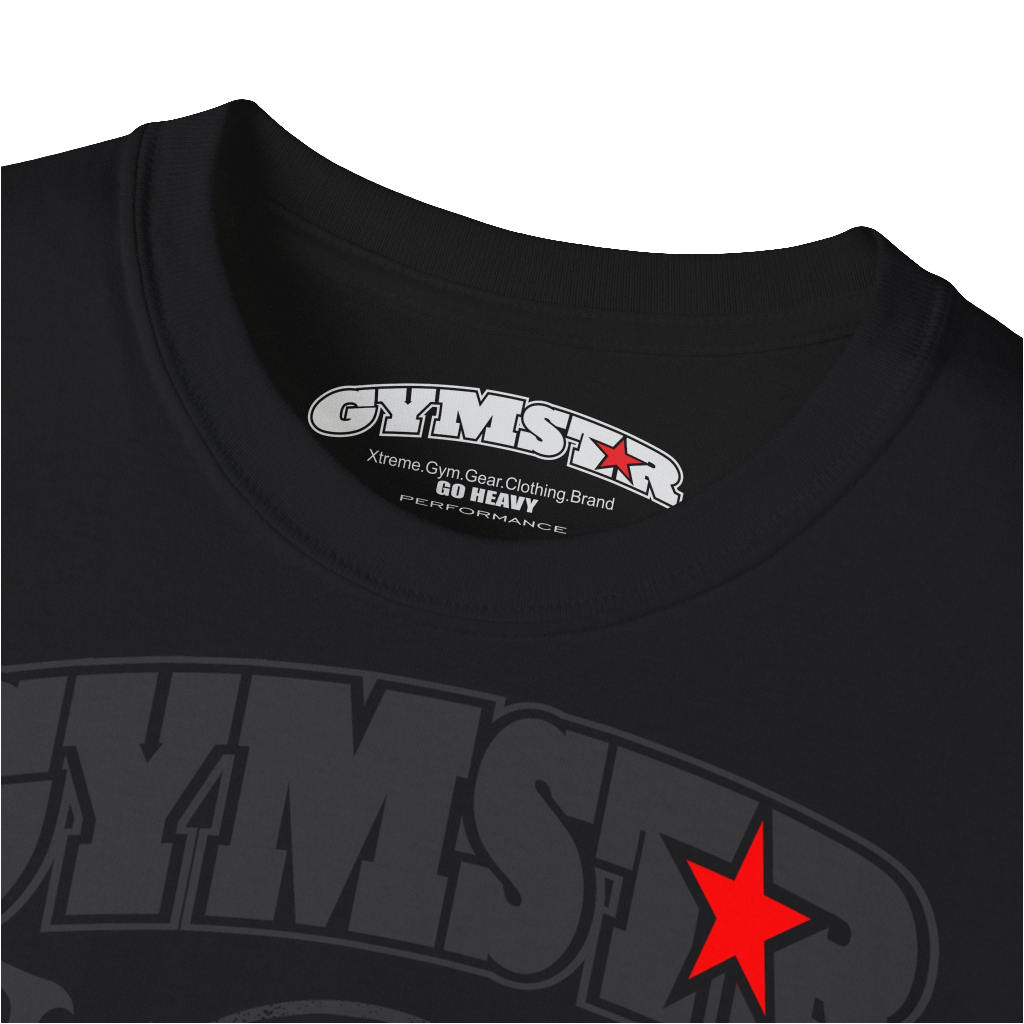 A  black sports t-shirt from Gymstar, designed for athletes. The chest features a detailed print combining elements like a barbell, spread wings, a subtle red star, and "GYMSTAR" and "ROYAL ATHLETIC DEPT" text. The design is strong and motivational, perfect for heavy workouts. Close up LOGO view.