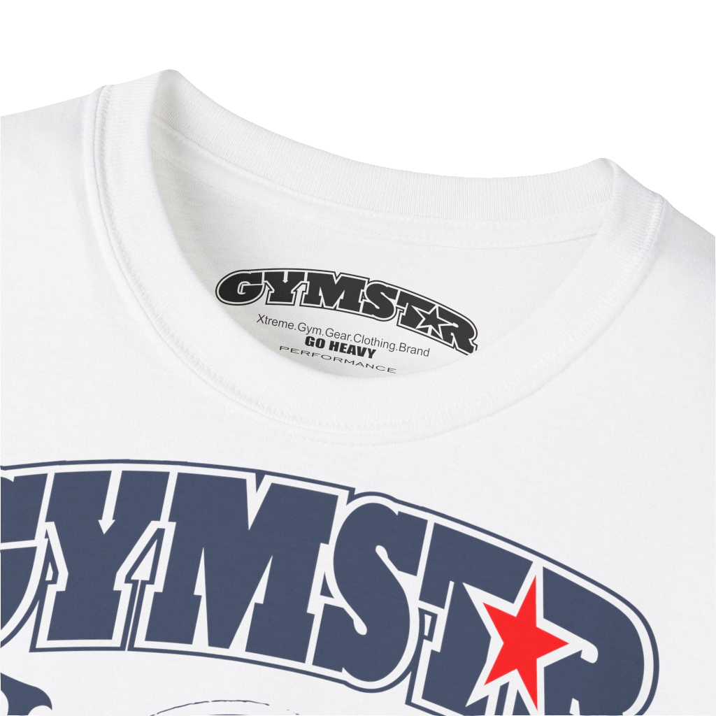 A  white sports t-shirt from Gymstar, designed for athletes. The chest features a detailed print combining elements like a barbell, spread wings, a subtle red star, and "GYMSTAR" and "ROYAL ATHLETIC DEPT" text. The design is strong and motivational, perfect for heavy workouts. Close up LOGO view.