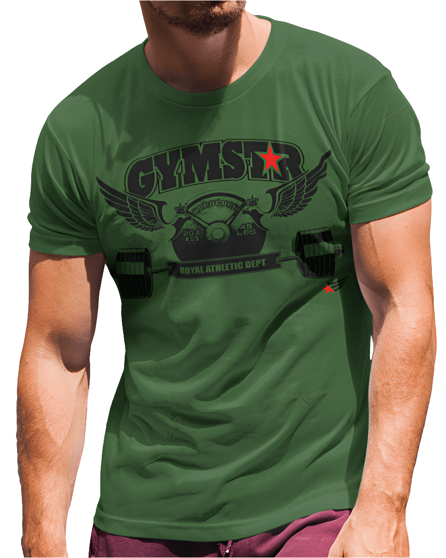 A  man wearing green, sports t-shirt from Gymstar, designed for athletes. The chest features a detailed print combining elements like a barbell, spread wings, a subtle red star, and "GYMSTAR" and "ROYAL ATHLETIC DEPT" text. The design is strong and motivational, perfect for heavy workouts.
