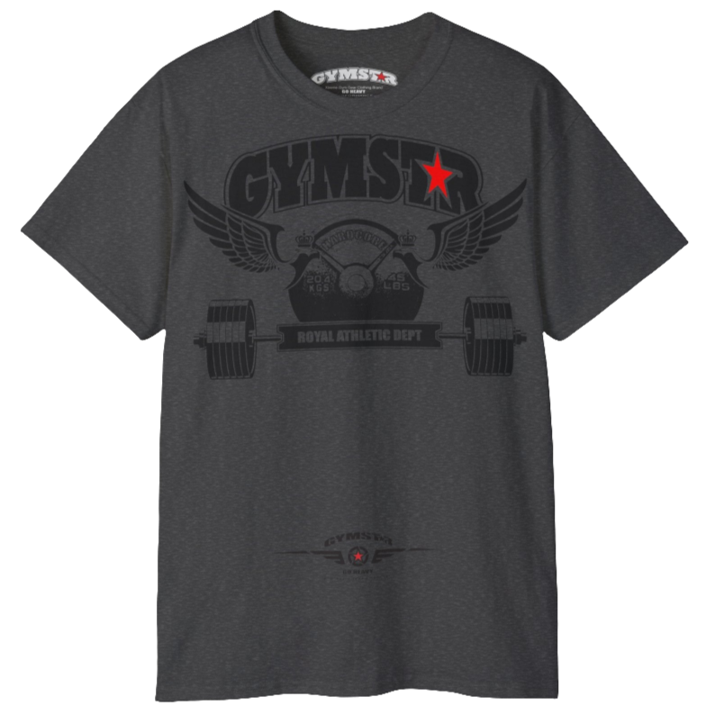 A  grey blue sports t-shirt from Gymstar, designed for athletes. The chest features a detailed print combining elements like a barbell, spread wings, a subtle red star, and "GYMSTAR" and "ROYAL ATHLETIC DEPT" text. The design is strong and motivational, perfect for heavy workouts.