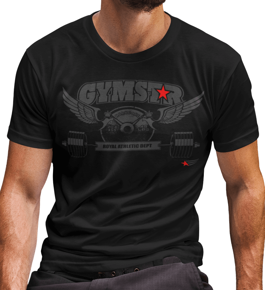 A man wearing a black graphic t-shirt with 'GYMSTAR Royal Athletic Dept' and fitness-related imagery printed on the front.