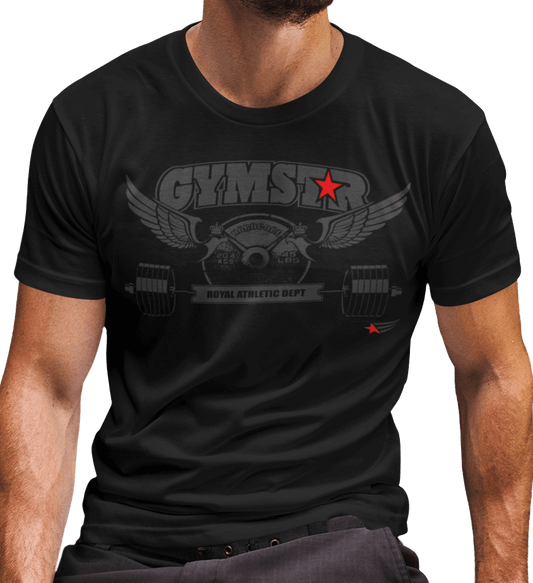 A man wearing a black graphic t-shirt with 'GYMSTAR Royal Athletic Dept' and fitness-related imagery printed on the front.