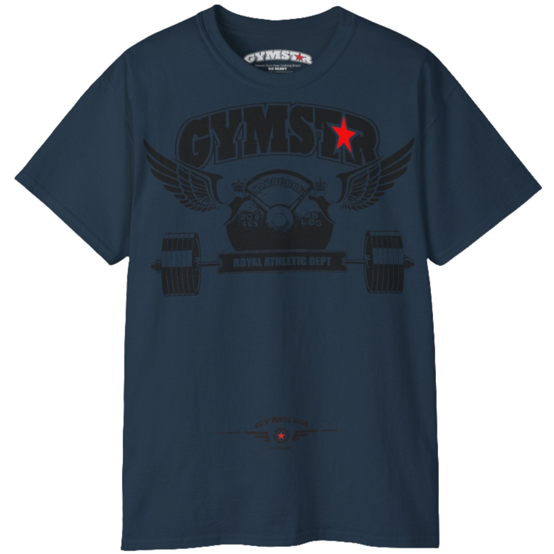 Deep navy sports t-shirt from Gymstar, designed for athletes. The chest features a detailed print combining elements like a barbell, spread wings, a subtle red star, and "GYMSTAR" and "ROYAL ATHLETIC DEPT" text. The design is strong and motivational, perfect for heavy workouts.