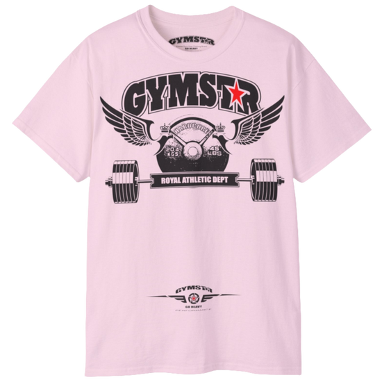 A pink sports t-shirt from Gymstar, designed for athletes. The chest features a detailed print combining elements like a barbell, spread wings, a subtle red star, and "GYMSTAR" and "ROYAL ATHLETIC DEPT" text. The design is strong and motivational, perfect for heavy workouts.