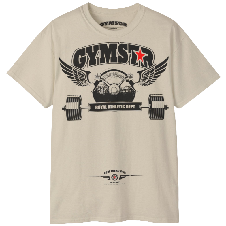 A beige sports t-shirt from Gymstar, designed for athletes. The chest features a detailed print combining elements like a barbell, spread wings, a subtle red star, and "GYMSTAR" and "ROYAL ATHLETIC DEPT" text. The design is strong and motivational, perfect for heavy workouts.