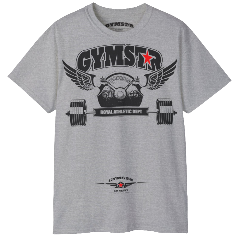 A silver grey sports t-shirt from Gymstar, designed for athletes. The chest features a detailed print combining elements like a barbell, spread wings, a subtle red star, and "GYMSTAR" and "ROYAL ATHLETIC DEPT" text. The design is strong and motivational, perfect for heavy workouts.
