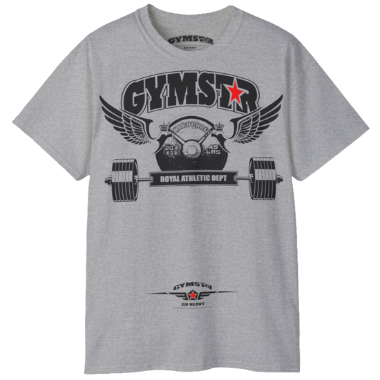 A silver grey sports t-shirt from Gymstar, designed for athletes. The chest features a detailed print combining elements like a barbell, spread wings, a subtle red star, and "GYMSTAR" and "ROYAL ATHLETIC DEPT" text. The design is strong and motivational, perfect for heavy workouts.