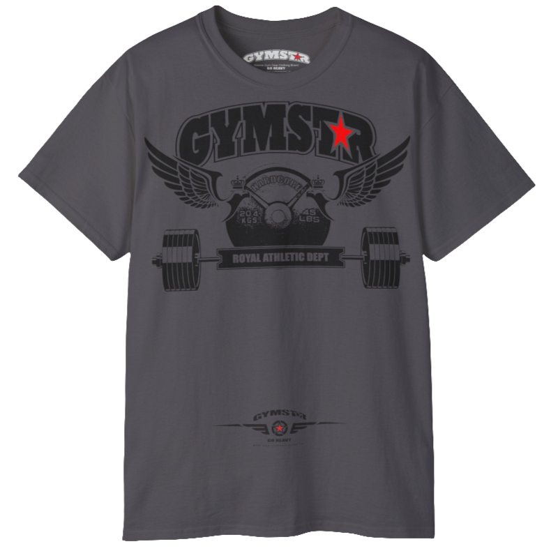 A  sport grey blue sports t-shirt from Gymstar, designed for athletes. The chest features a detailed print combining elements like a barbell, spread wings, a subtle red star, and "GYMSTAR" and "ROYAL ATHLETIC DEPT" text. The design is strong and motivational, perfect for heavy workouts.