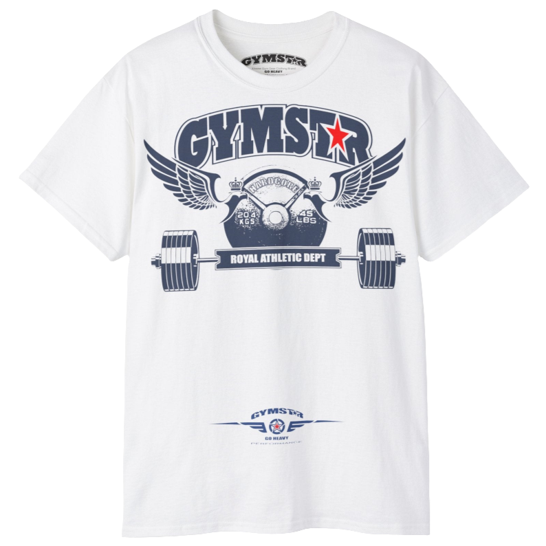 White sports t-shirt from Gymstar, designed for athletes. The chest features a detailed print combining elements like a barbell, spread wings, a subtle red star, and "GYMSTAR" and "ROYAL ATHLETIC DEPT" text. The design is strong and motivational, perfect for heavy workouts.