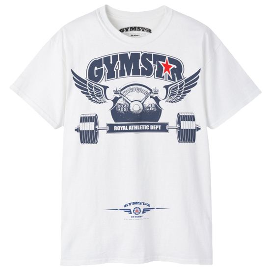 White sports t-shirt from Gymstar, designed for athletes. The chest features a detailed print combining elements like a barbell, spread wings, a subtle red star, and "GYMSTAR" and "ROYAL ATHLETIC DEPT" text. The design is strong and motivational, perfect for heavy workouts.