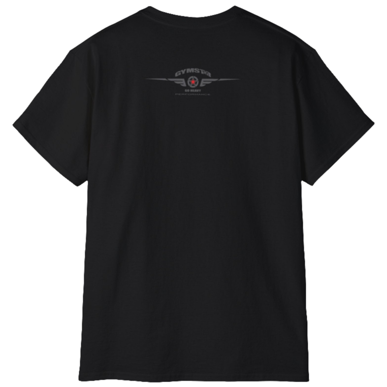 A black Gymstar tee with a red, blue and black graphic that reads 'Sons Of Iron', skull-kettlebell, barbell and logo, presumably bodybulding or fitness. Rear view.