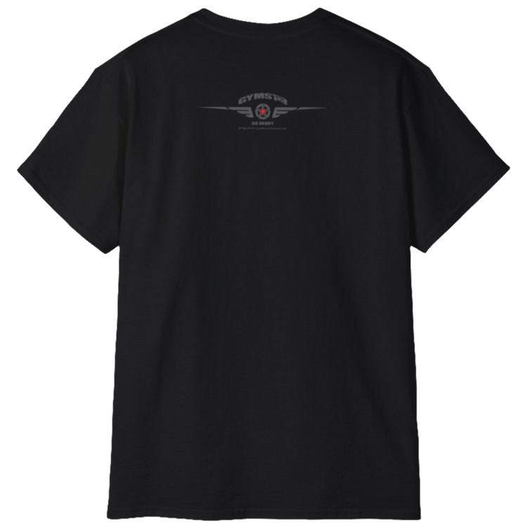 A black Gymstar tee with a red, blue and black graphic that reads 'Sons Of Iron', skull-kettlebell, barbell and logo, presumably bodybulding or fitness. Rear view.