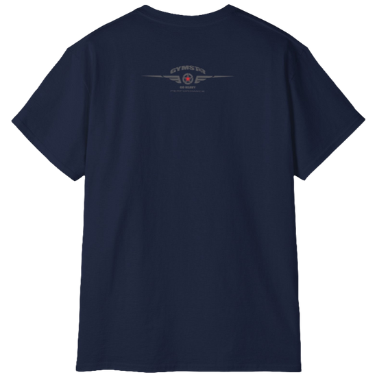 A navy blue Gymstar tee with a red, blue and black graphic that reads 'Sons Of Iron', skull-kettlebell, barbell and logo, presumably bodybulding or fitness. Rear  view.