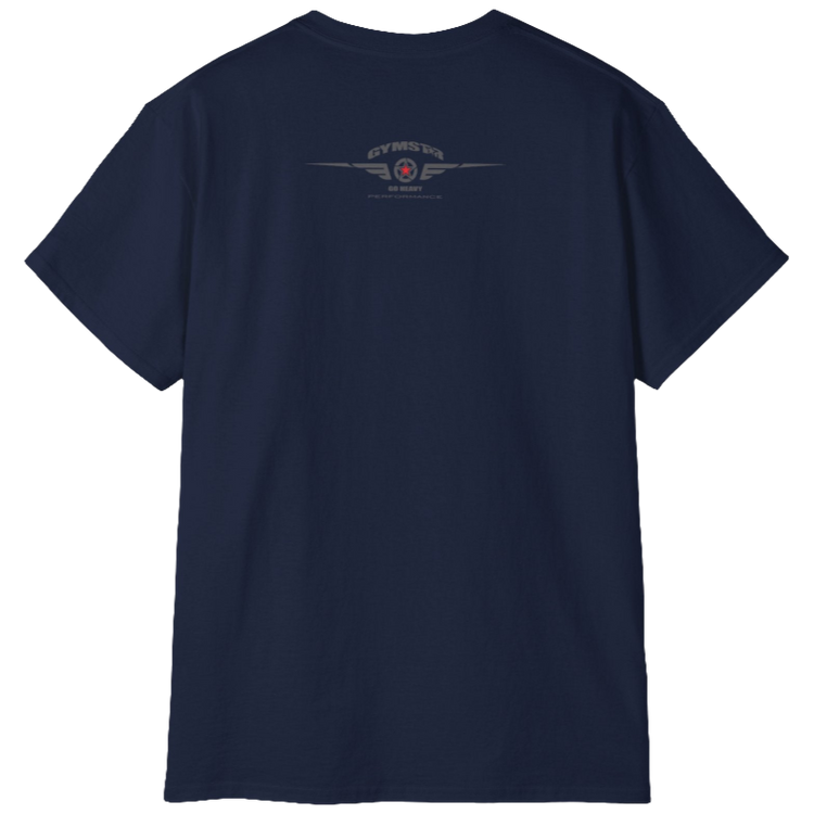 A navy blue Gymstar tee with a red, blue and black graphic that reads 'Sons Of Iron', skull-kettlebell, barbell and logo, presumably bodybulding or fitness. Rear  view.