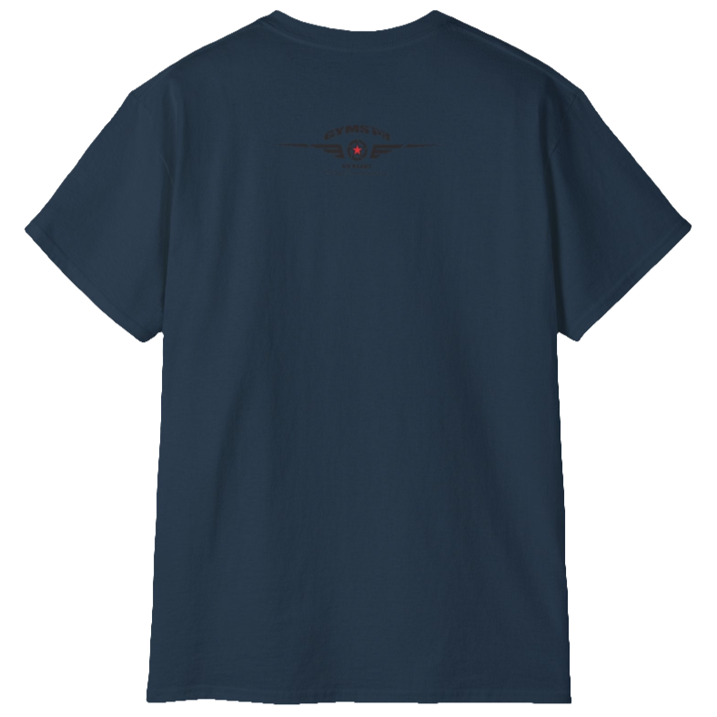 A deep navy Gymstar tee with a red, blue and black graphic that reads 'Sons Of Iron', skull-kettlebell, barbell and logo, presumably bodybulding or fitness. Rear view.