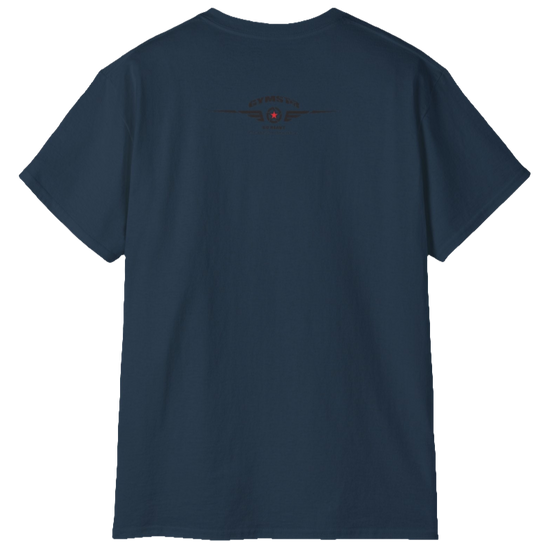 A deep navy Gymstar tee with a red, blue and black graphic that reads 'Sons Of Iron', skull-kettlebell, barbell and logo, presumably bodybulding or fitness. Rear view.