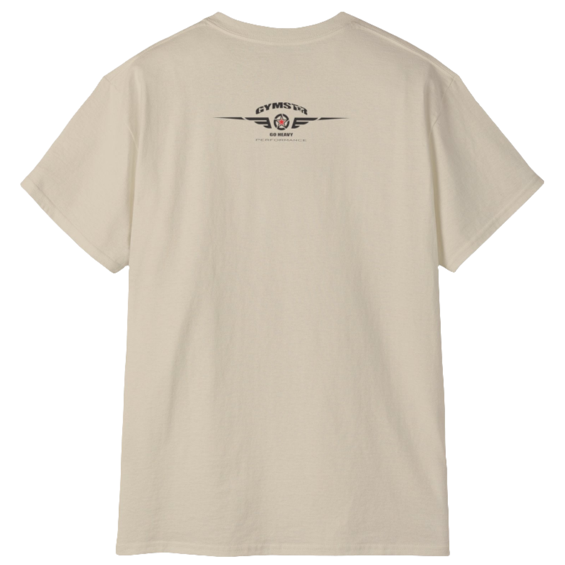 A beige Gymstar tee with a red, blue and black graphic that reads 'Sons Of Iron', skull-kettlebell, barbell and logo, presumably bodybulding or fitness. Rear view.
