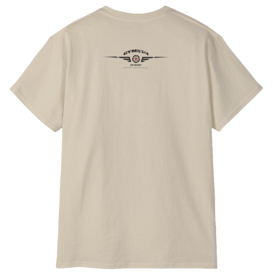 A beige Gymstar tee with a red, blue and black graphic that reads 'Sons Of Iron', skull-kettlebell, barbell and logo, presumably bodybulding or fitness. Rear view.