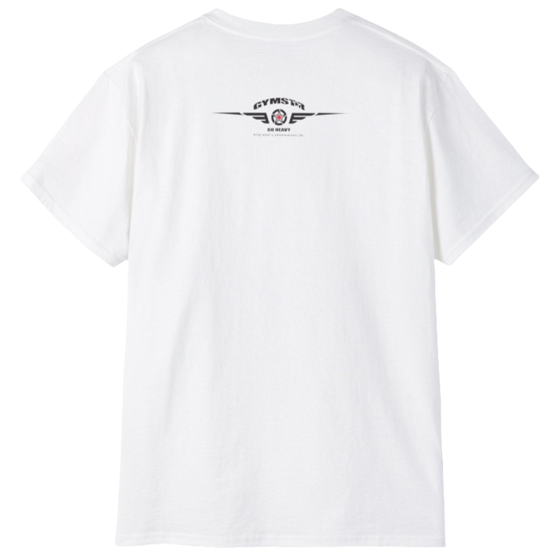 A white Gymstar tee with a red, blue and black graphic that reads 'Sons Of Iron', skull-kettlebell, barbell and logo, presumably bodybulding or fitness. Rear view.