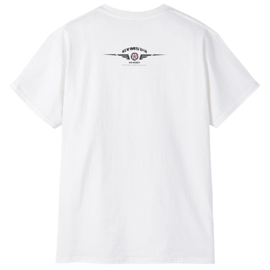 A white Gymstar tee with a red, blue and black graphic that reads 'Sons Of Iron', skull-kettlebell, barbell and logo, presumably bodybulding or fitness. Rear view.