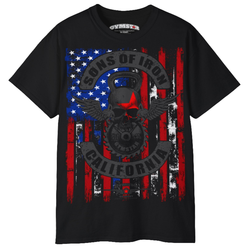 A black Gymstar tee with a red, blue and black graphic that reads 'Sons Of Iron', skull-kettlebell, barbell and logo, presumably bodybulding or fitness. 