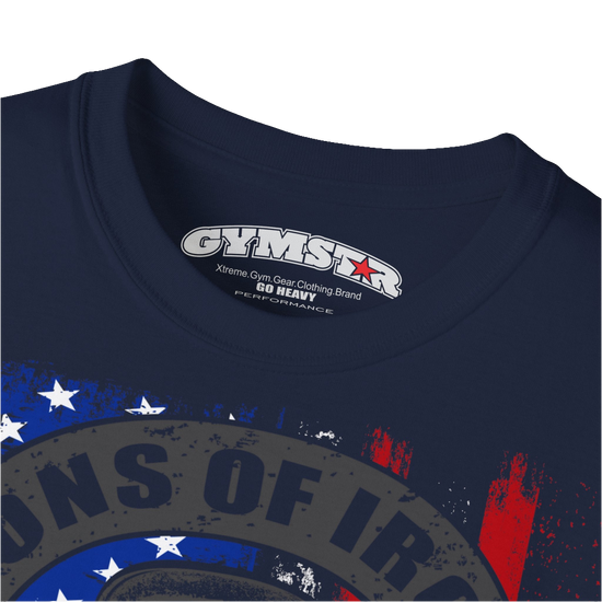 A navy blue Gymstar tee with a red, blue and black graphic that reads 'Sons Of Iron', skull-kettlebell, barbell and logo, presumably bodybulding or fitness. Logo Close up view.