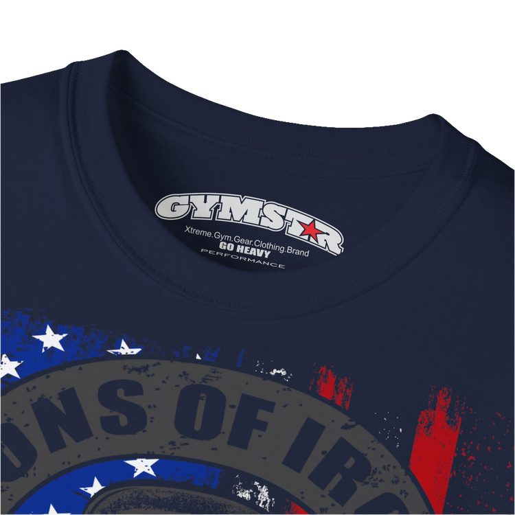 A navy blue Gymstar tee with a red, blue and black graphic that reads 'Sons Of Iron', skull-kettlebell, barbell and logo, presumably bodybulding or fitness. Logo Close up view.