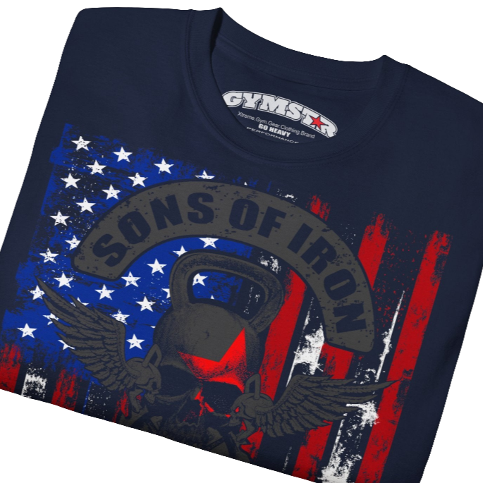 A navy blue Gymstar tee with a red, blue and black graphic that reads 'Sons Of Iron', skull-kettlebell, barbell and logo, presumably bodybulding or fitness. Close up view.