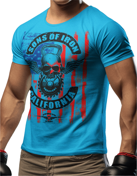 A man wearing blue Gymstar tee with a red, blue and black graphic that reads 'Sons Of Iron', skull-kettlebell, barbell and logo, presumably bodybulding or fitness.