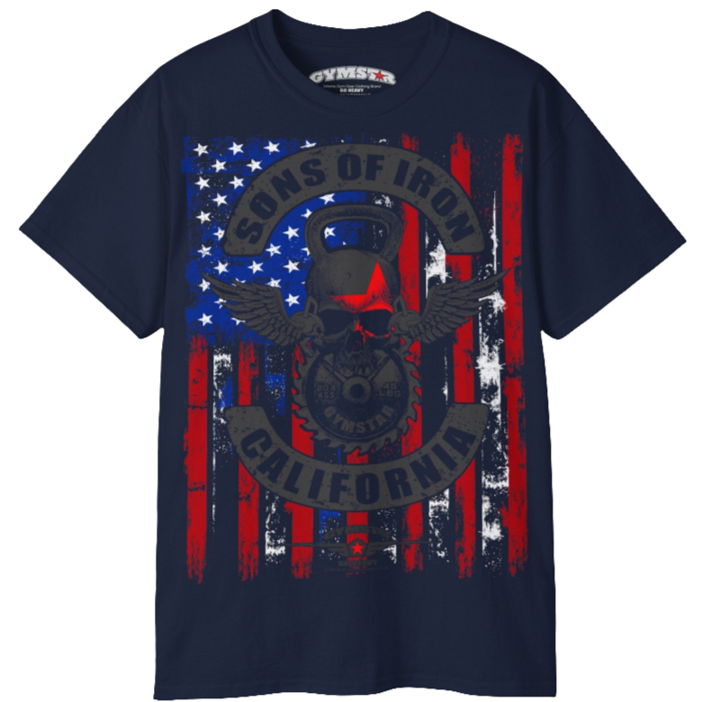 A navy blue Gymstar tee with a red, blue and black graphic that reads 'Sons Of Iron', skull-kettlebell, barbell and logo, presumably bodybulding or fitness. 