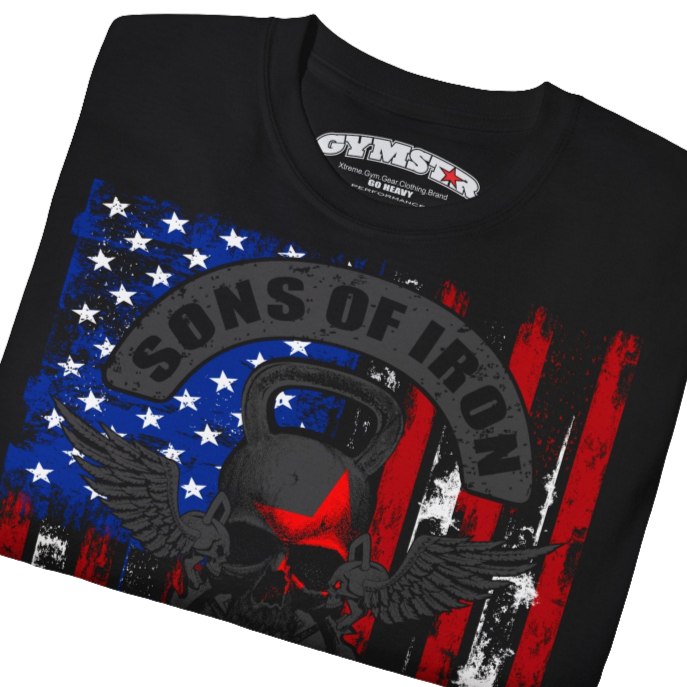 A black Gymstar tee with a red, blue and black graphic that reads 'Sons Of Iron', skull-kettlebell, barbell and logo, presumably bodybulding or fitness.  Close up view.