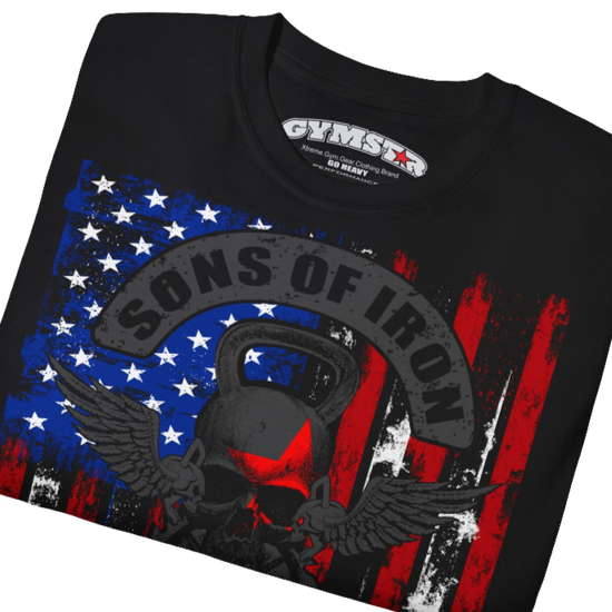 A black Gymstar tee with a red, blue and black graphic that reads 'Sons Of Iron', skull-kettlebell, barbell and logo, presumably bodybulding or fitness.  Close up view.