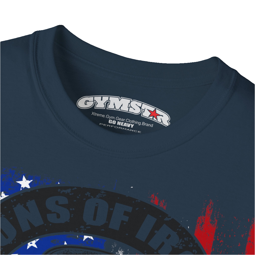 A deep navy Gymstar tee with a red, blue and black graphic that reads 'Sons Of Iron', skull-kettlebell, barbell and logo, presumably bodybulding or fitness. Logo Close up view.