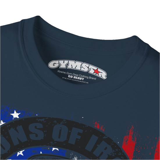 A deep navy Gymstar tee with a red, blue and black graphic that reads 'Sons Of Iron', skull-kettlebell, barbell and logo, presumably bodybulding or fitness. Logo Close up view.