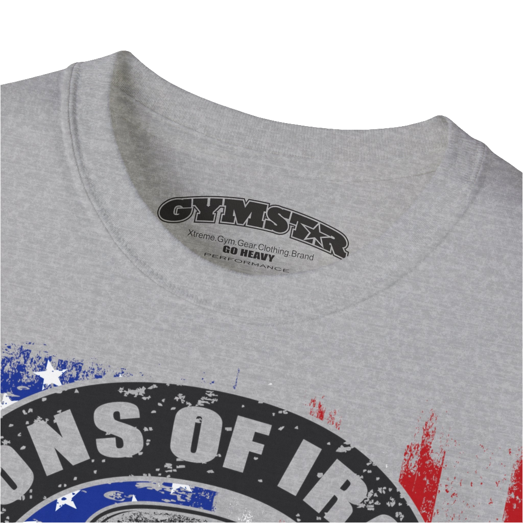A silver grey Gymstar tee with a red, blue and black graphic that reads 'Sons Of Iron', skull-kettlebell, barbell and logo, presumably bodybulding or fitness.Logo Close up view.